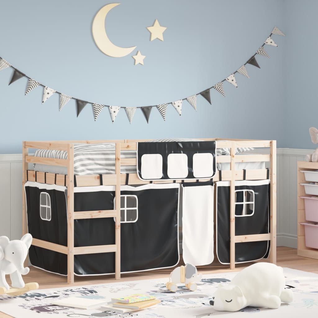 Cama alta criança c/ cortina 80x200cm pinho maciço branco/preto