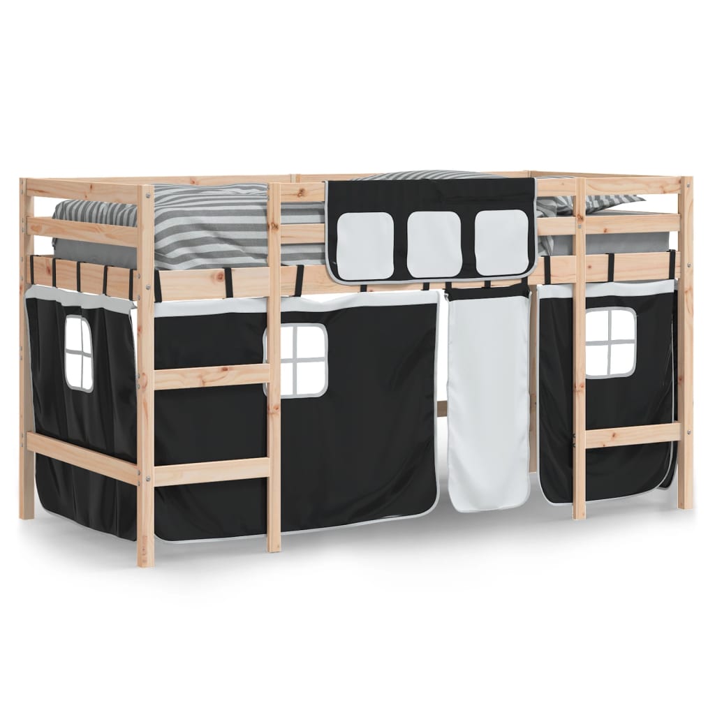 Cama alta criança c/ cortina 80x200cm pinho maciço branco/preto