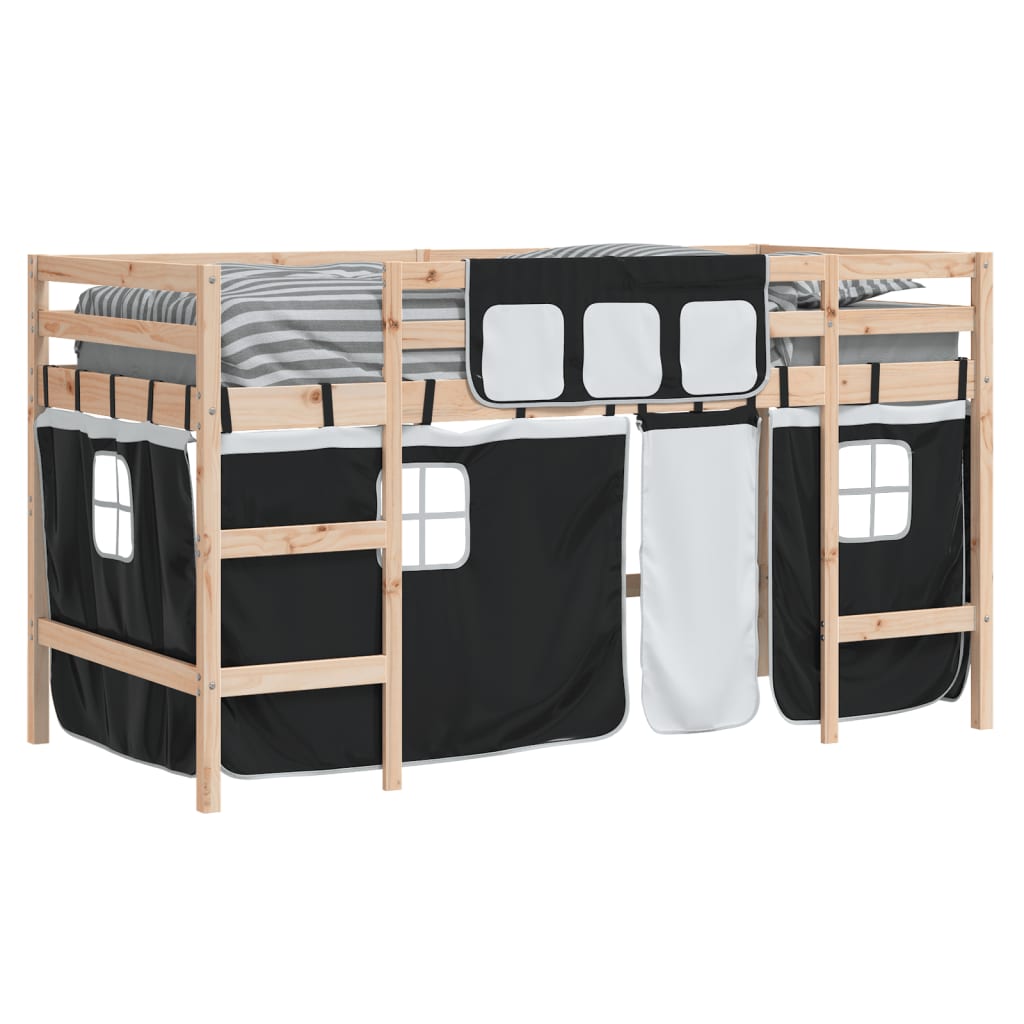 Cama alta criança c/ cortina 80x200cm pinho maciço branco/preto
