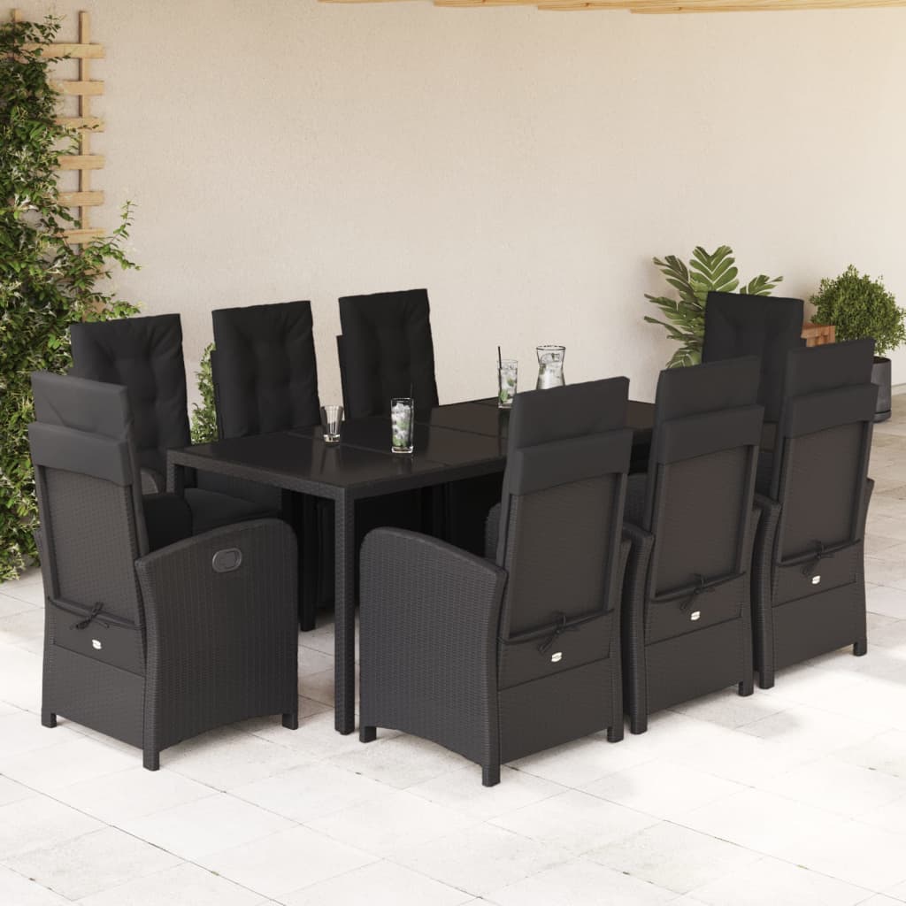 9 Pcs conjunto de jantar p/ jardim c/ almofadões vime PE preto