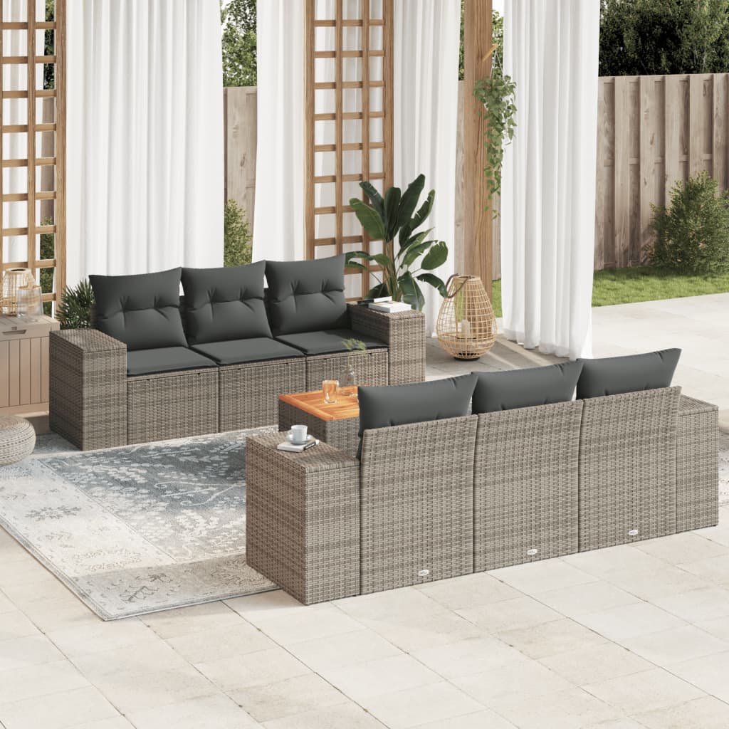 7 Pcs conjunto sofás p/ jardim c/ almofadões vime PE cinzento