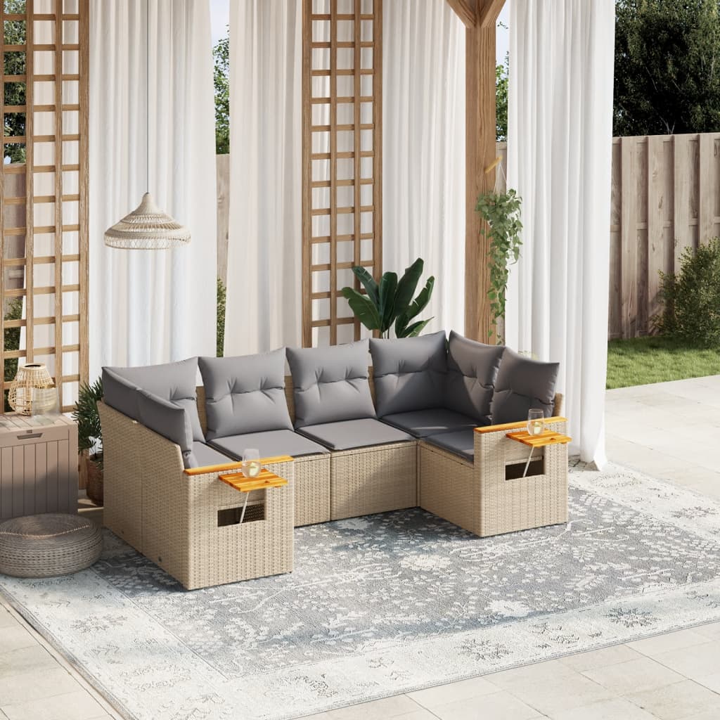 6 Pcs conjunto de sofás p/ jardim com almofadões vime PE bege