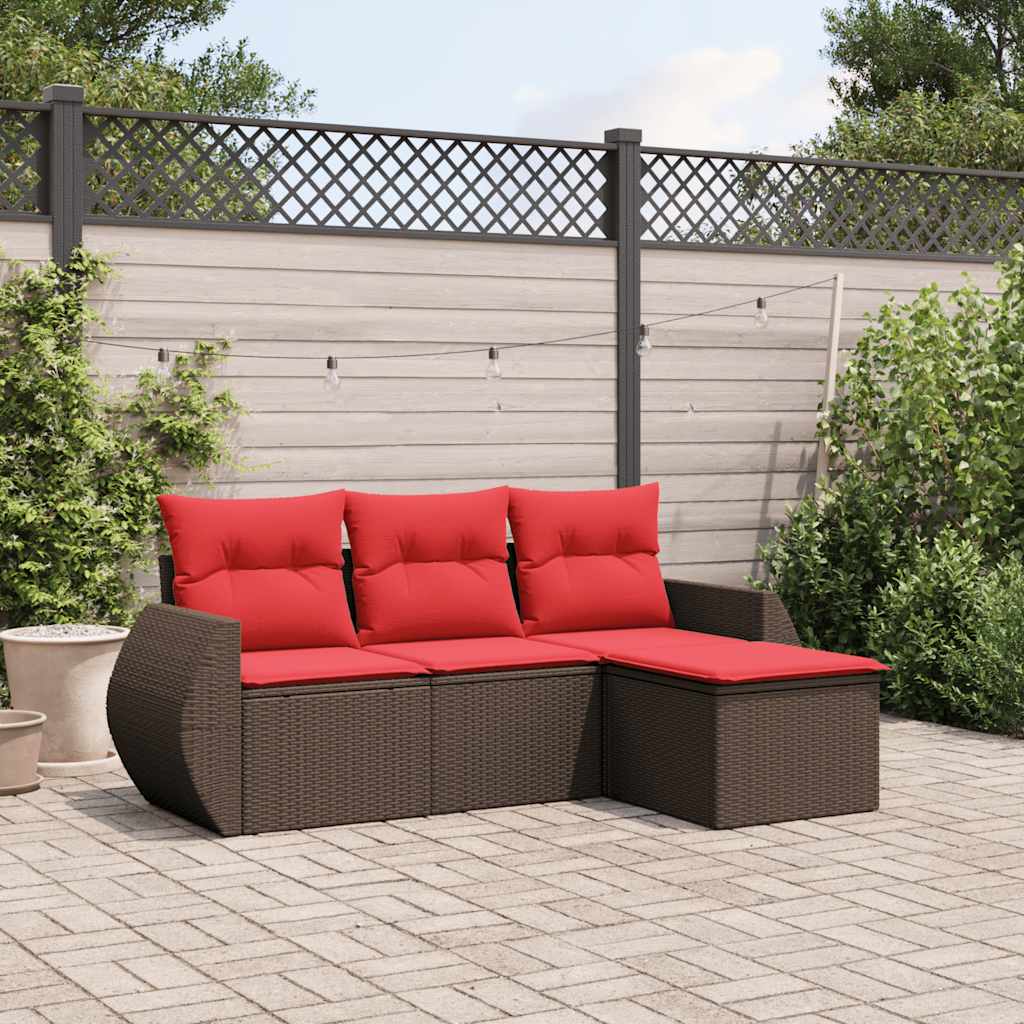 Conjunto de sofá de jardim com 4 peças e almofadas em rattan sintético marrom