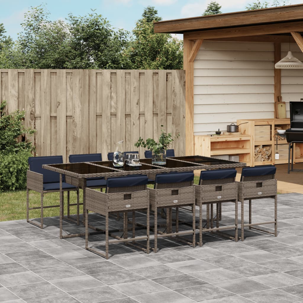 Conjunto de jantar para jardim de 9 peças com almofadas, em rattan sintético cinza