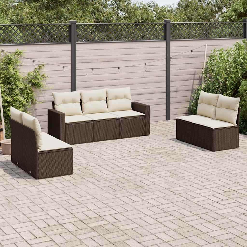 7 Pcs conjunto de sofás jardim c/ almofadões vime PE castanho