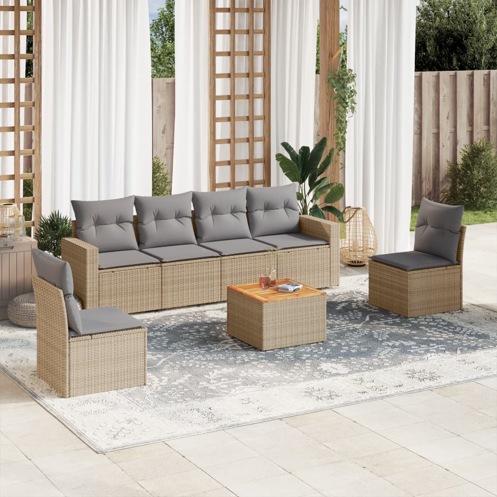 7 Pcs conj. sofás jardim c/ almofadões vime PE bege misturado
