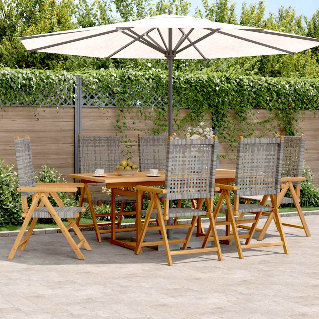 7Pcs conjunto de jantar p/ jardim vime PE/ madeira maciça cinza