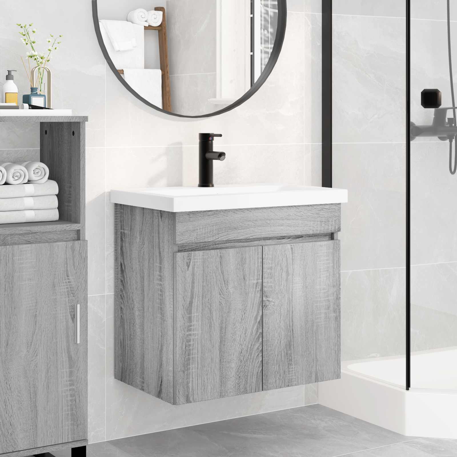 Conjunto de móveis de banheiro com torneira sonoma cinzento