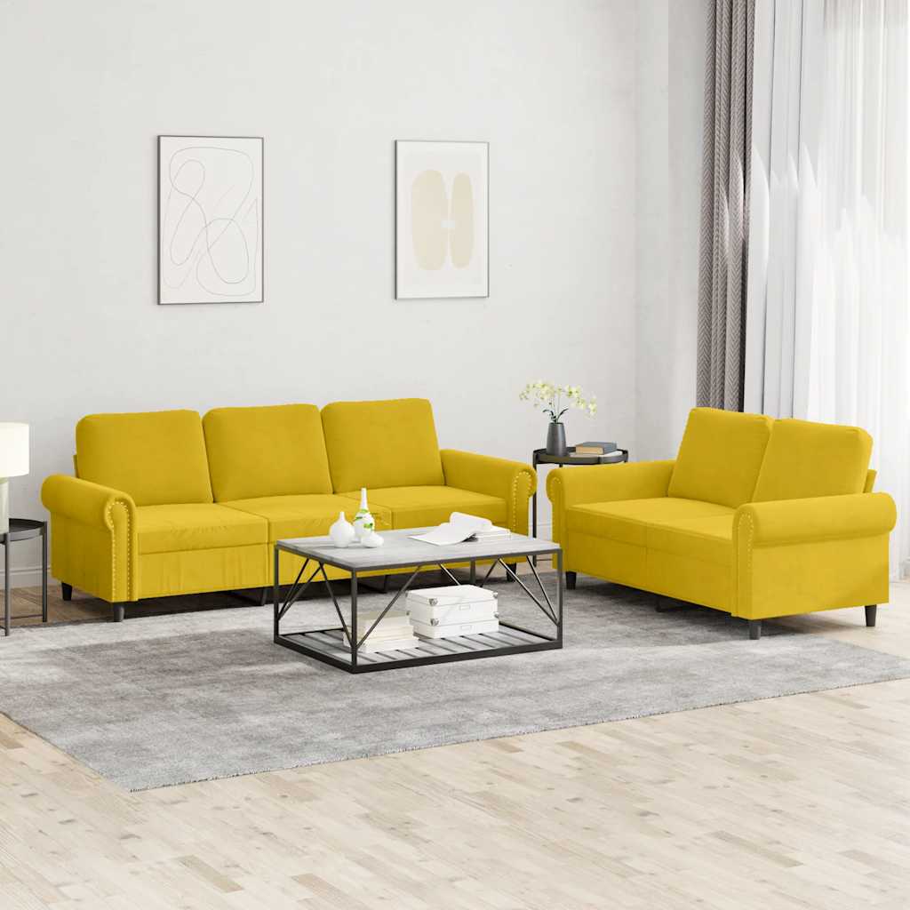 2 Pcs conjunto de sofás com almofadões veludo amarelo
