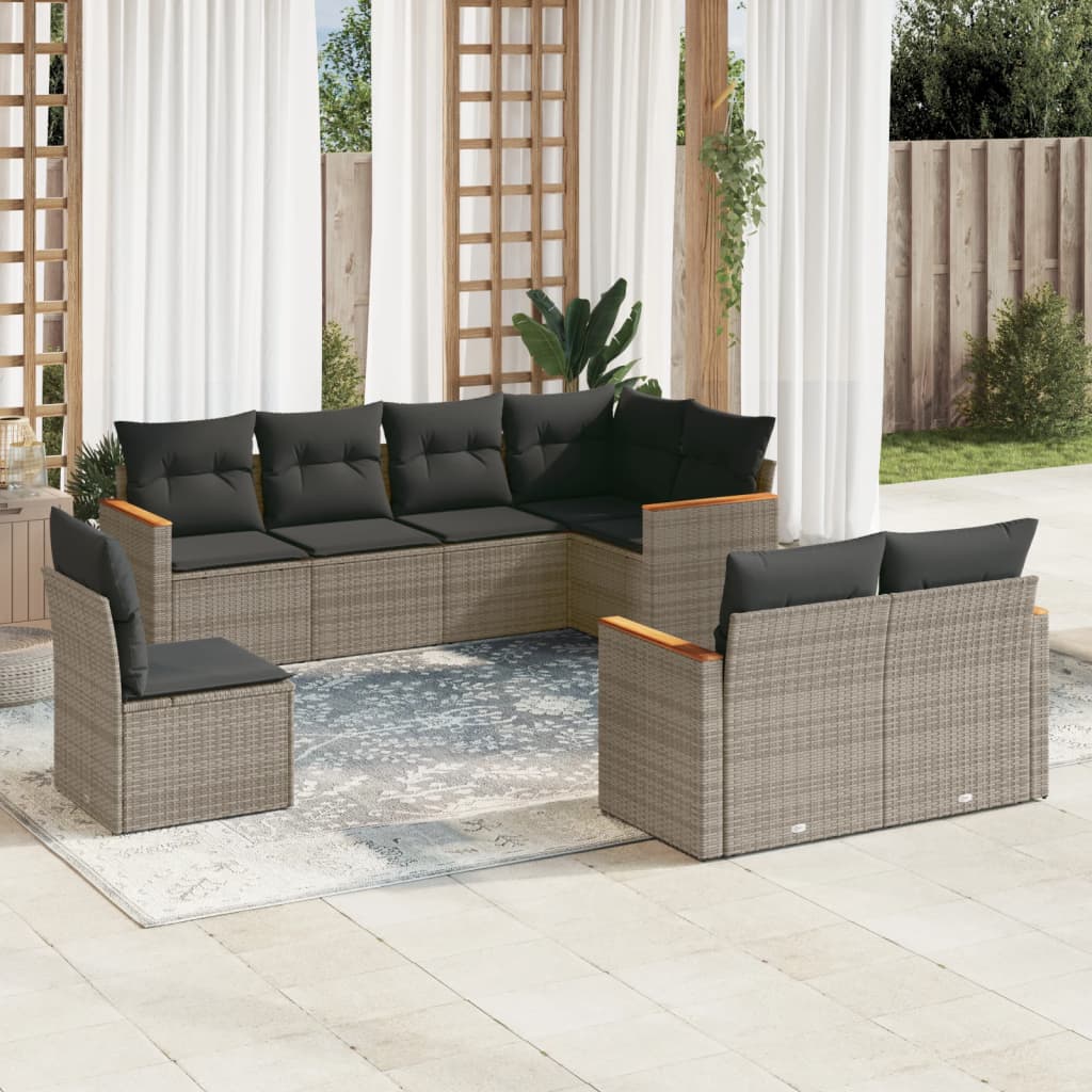 8 Pcs conjunto sofás de jardim c/ almofadões vime PE cinzento