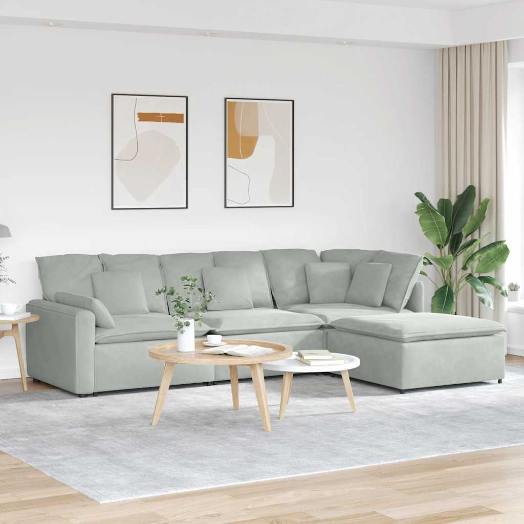 Sofá modular com pufes e almofadas veludo cinzento-claro