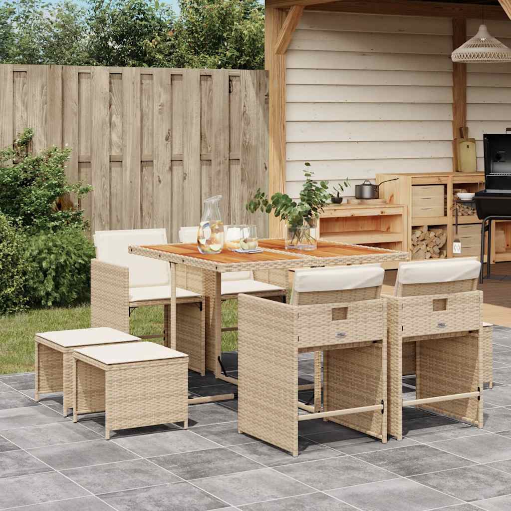 9 Pcs conjunto de jantar p/ jardim com almofadões vime PE bege
