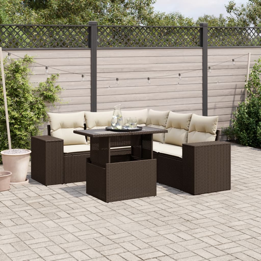 6 Pcs conjunto de sofás jardim c/ almofadões vime PE castanho