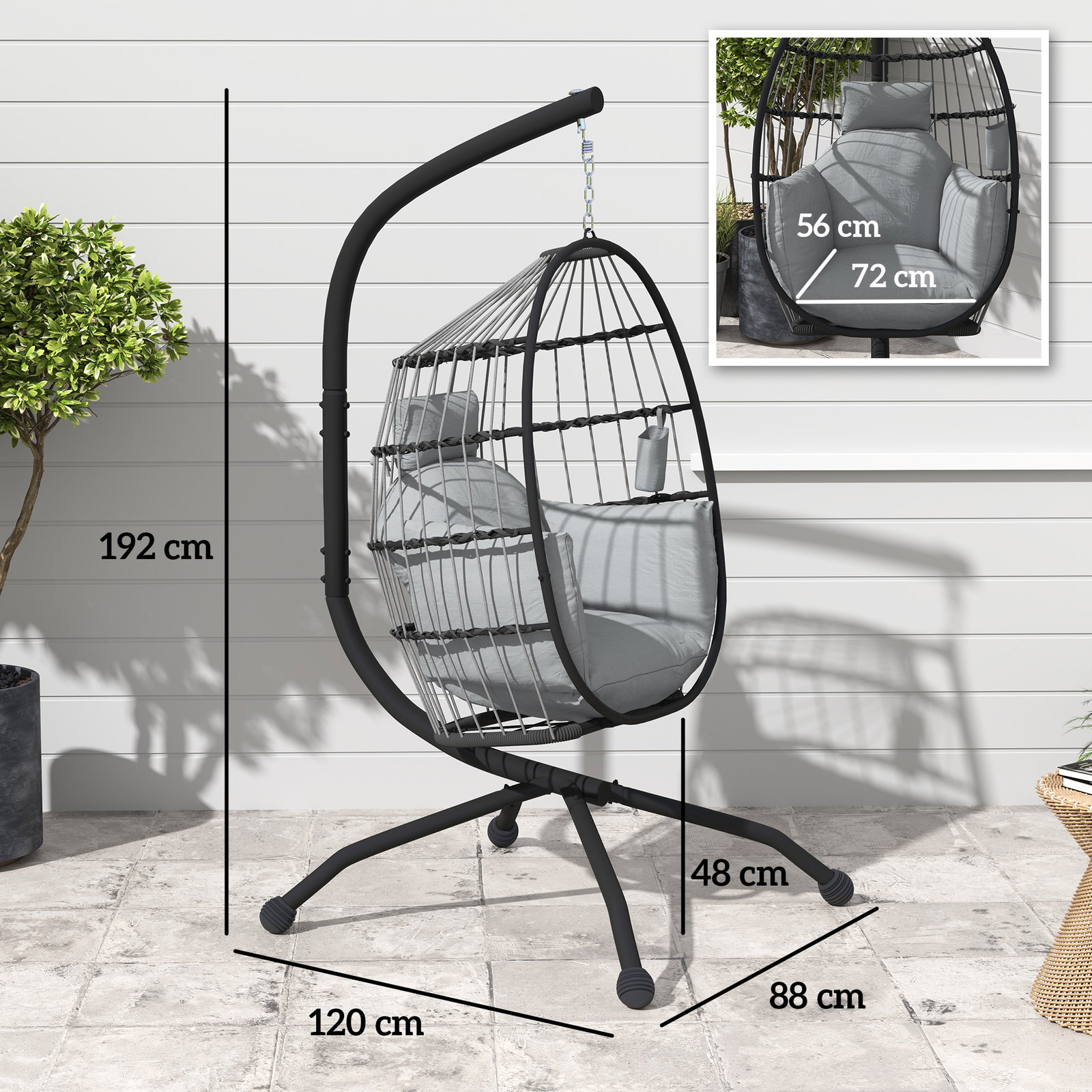 Cadeira suspensa com suporte cadeira baloiço de jardim com cesto dobrável almofada e apoio para a cabeça 120x88x192 cm cinzento
