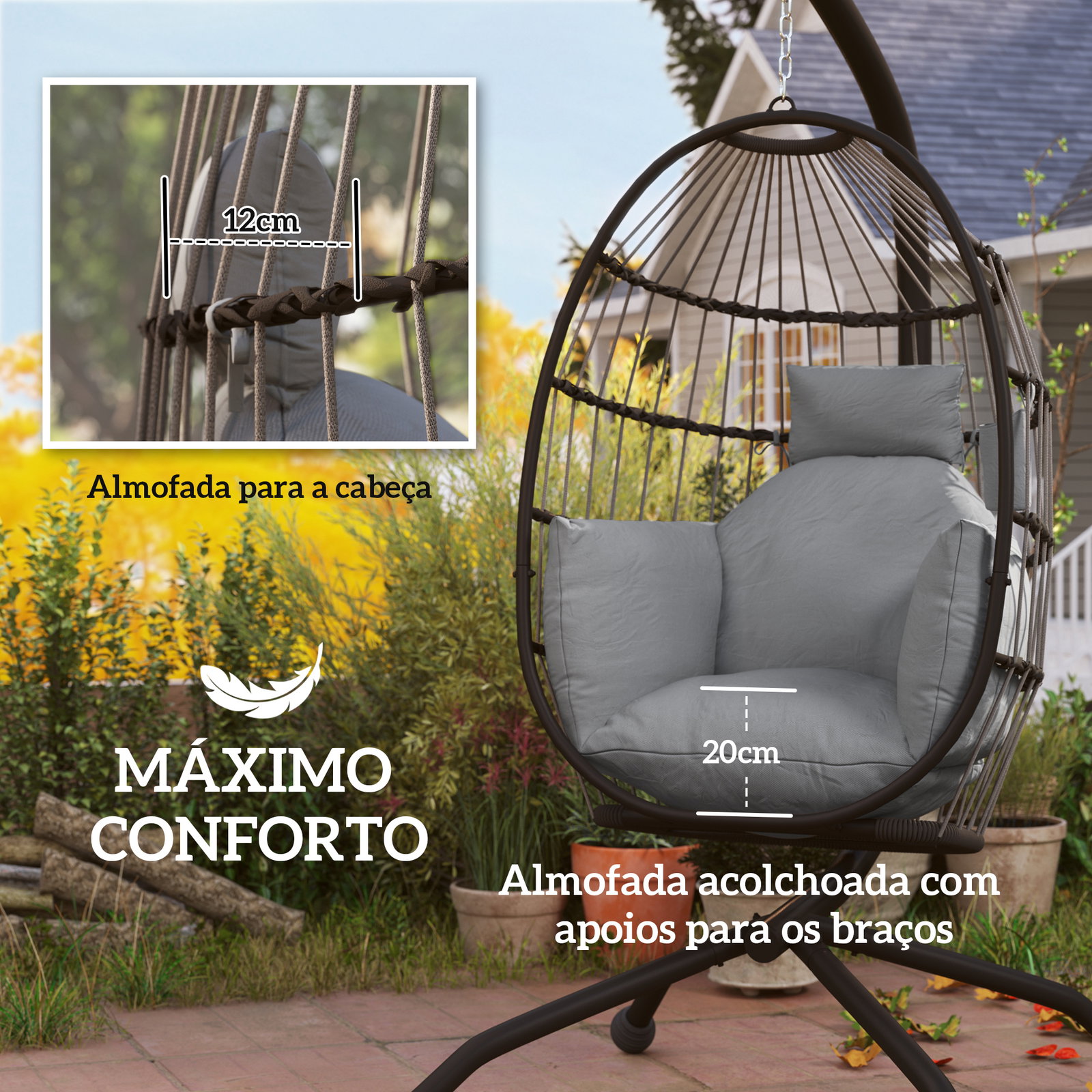 Cadeira suspensa com suporte cadeira baloiço de jardim com cesto dobrável almofada e apoio para a cabeça 120x88x192 cm cinzento