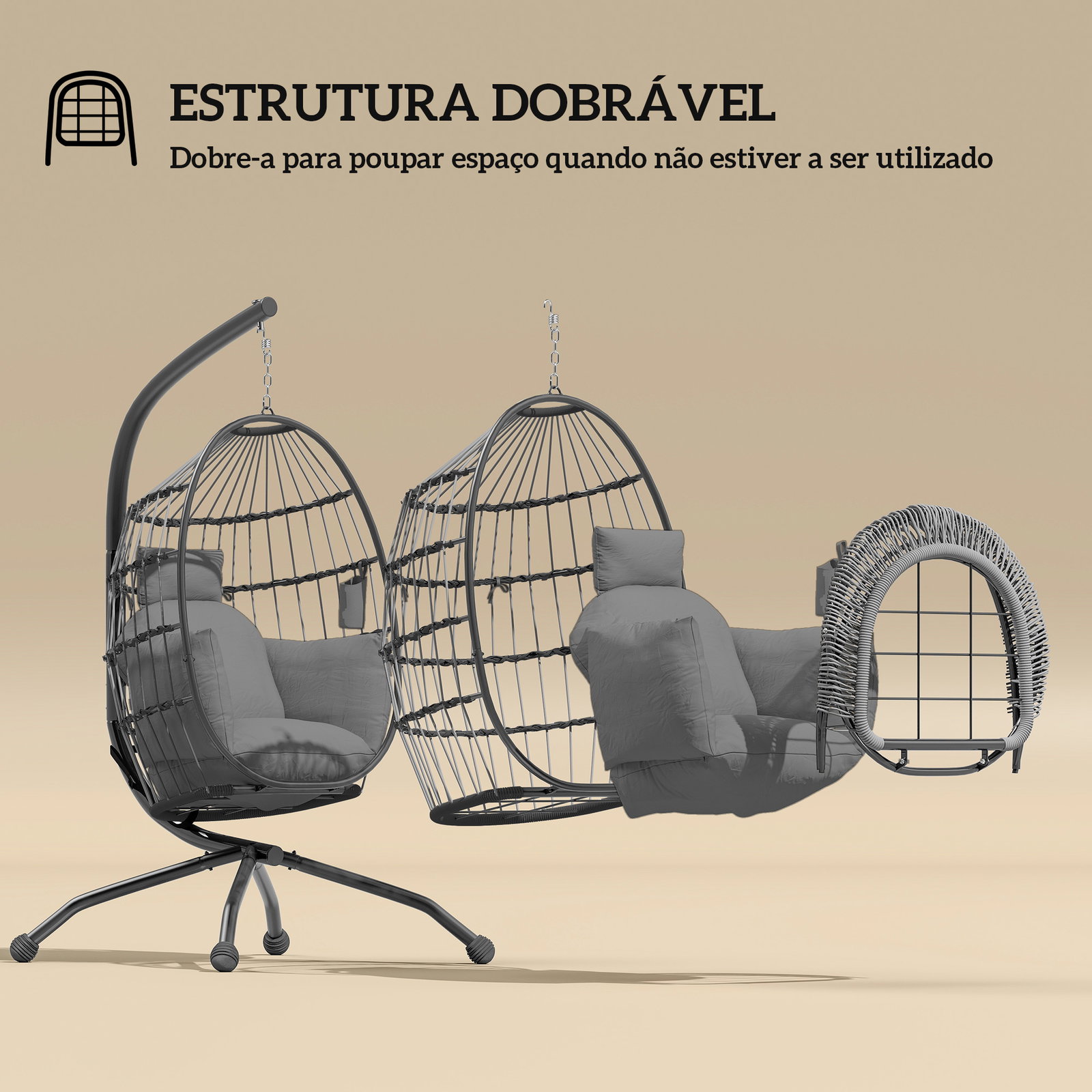Cadeira suspensa com suporte cadeira baloiço de jardim com cesto dobrável almofada e apoio para a cabeça 120x88x192 cm cinzento