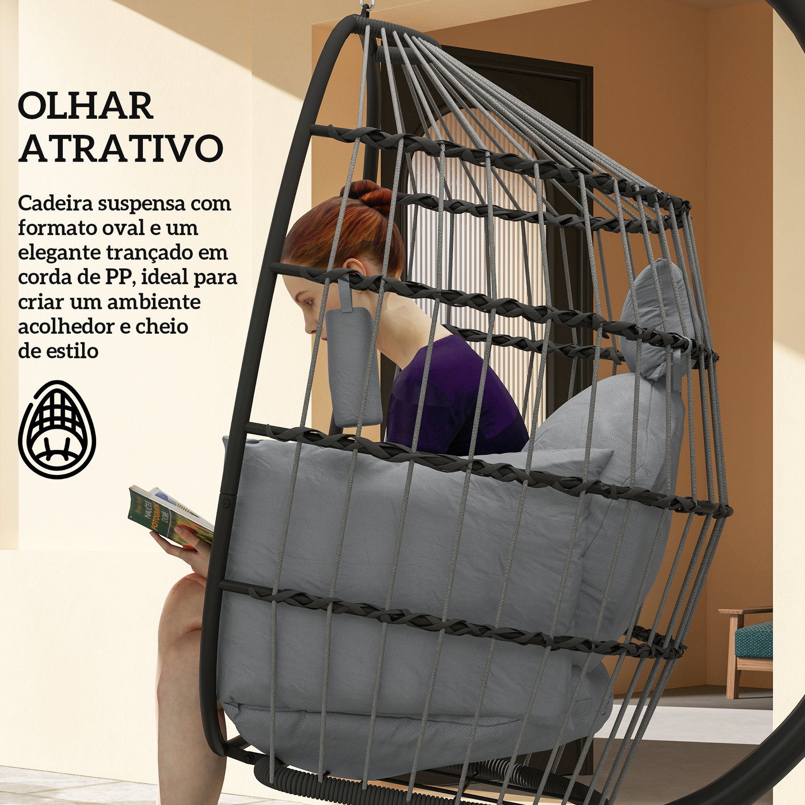 Cadeira suspensa com suporte cadeira baloiço de jardim com cesto dobrável almofada e apoio para a cabeça 120x88x192 cm cinzento