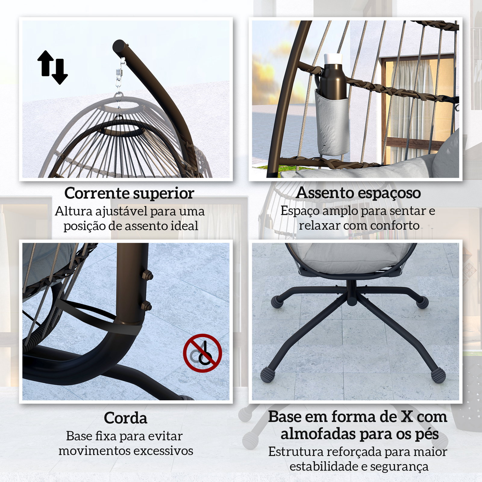 Cadeira suspensa com suporte cadeira baloiço de jardim com cesto dobrável almofada e apoio para a cabeça 120x88x192 cm cinzento