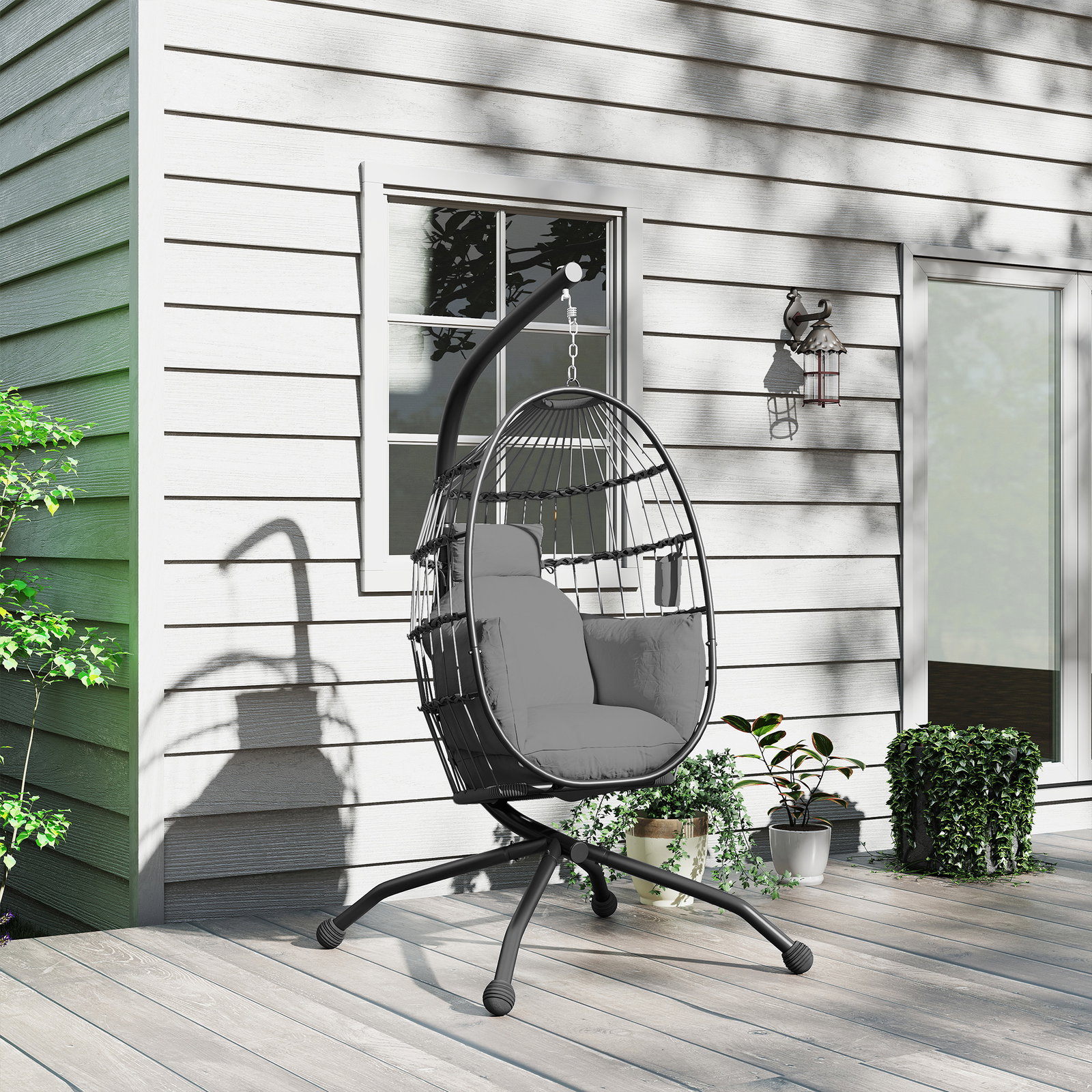 Cadeira suspensa com suporte cadeira baloiço de jardim com cesto dobrável almofada e apoio para a cabeça 120x88x192 cm cinzento