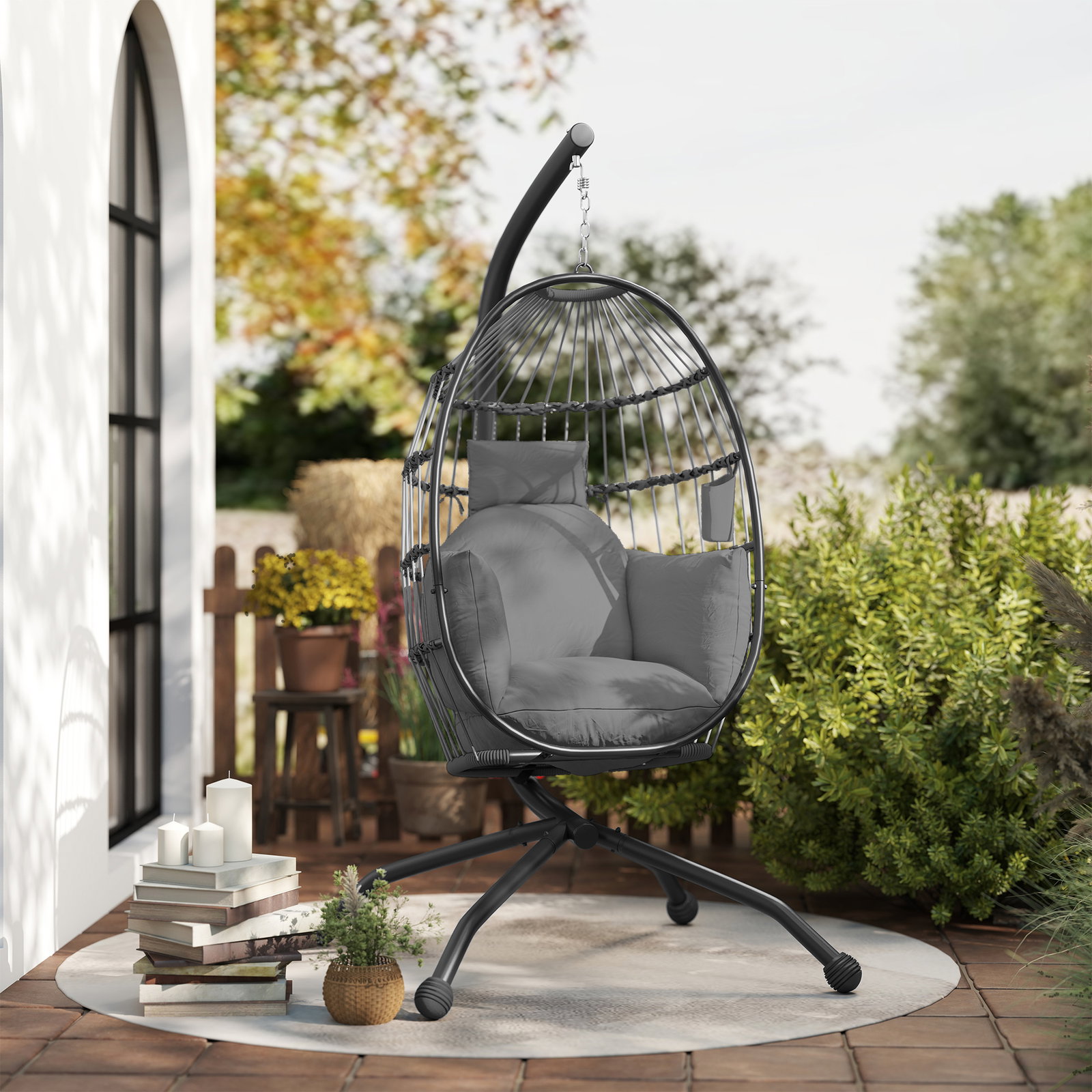 Cadeira suspensa com suporte cadeira baloiço de jardim com cesto dobrável almofada e apoio para a cabeça 120x88x192 cm cinzento