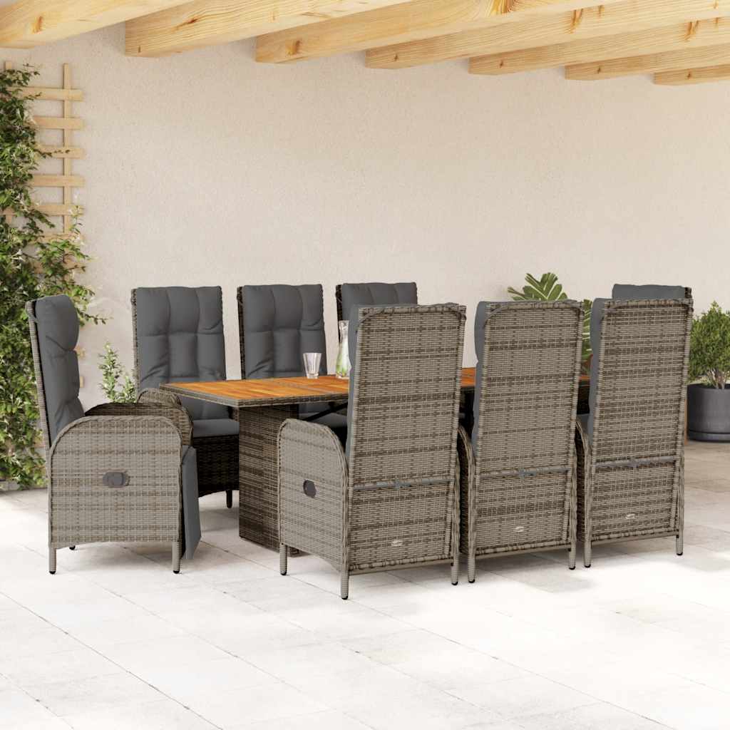 9 Pcs conjunto de jantar p/ jardim c/ almofadões vime PE cinza