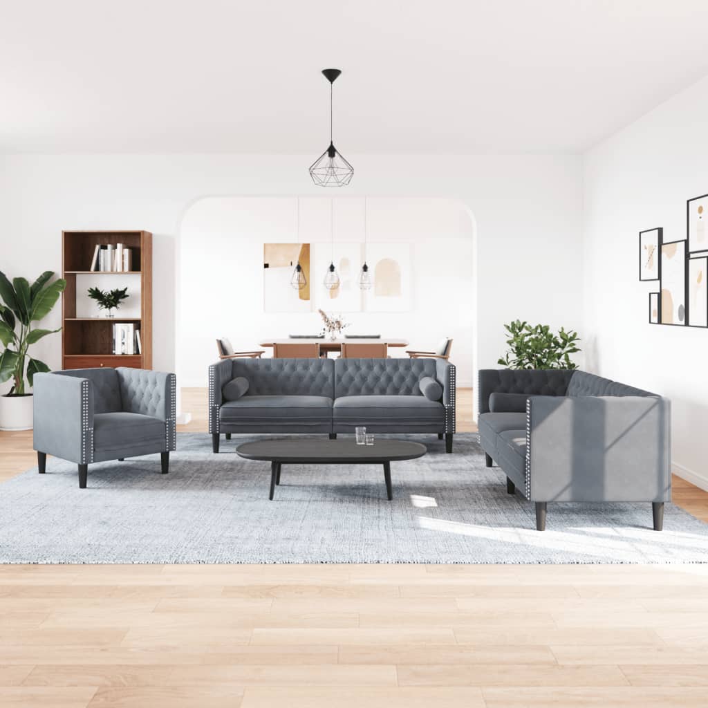 3 Pcs conj. de sofás chesterfield com rolos veludo cinza-escuro