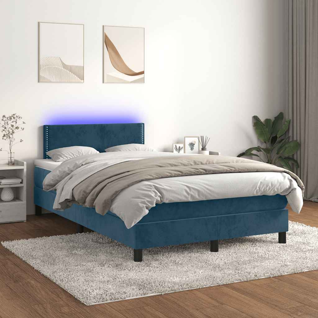 Cama box spring colchão LED 120x190cm couro artif. azul-escuro