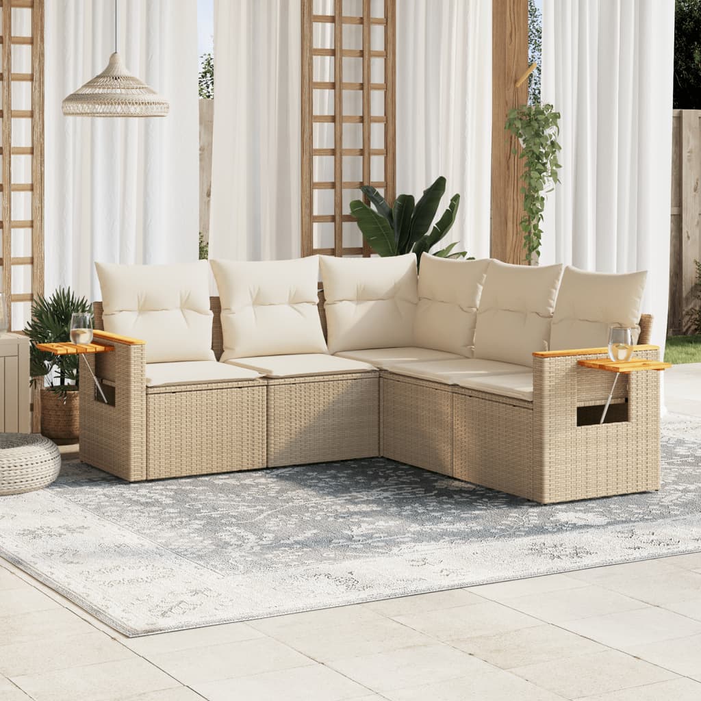 5 Pcs conjunto de sofás p/ jardim com almofadões vime PE bege