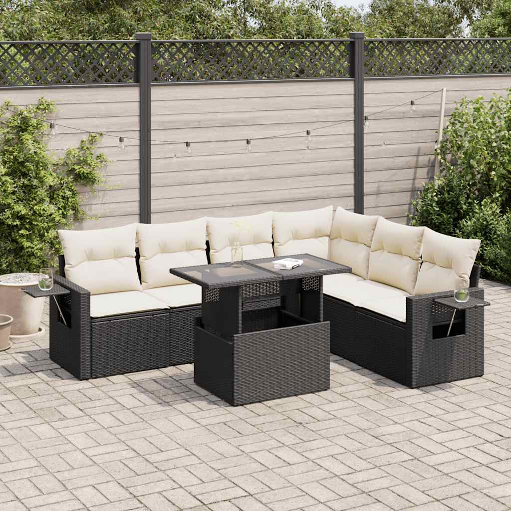 7 Pcs conjunto de sofás p/ jardim c/ almofadões vime PE preto