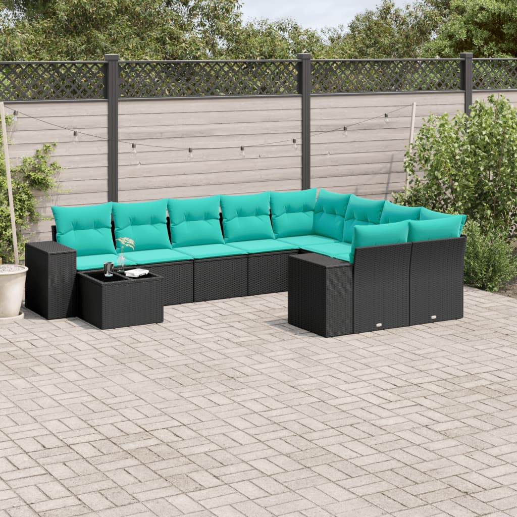 Conjunto de sofá de jardim com 10 peças e almofadas em rattan sintético preto