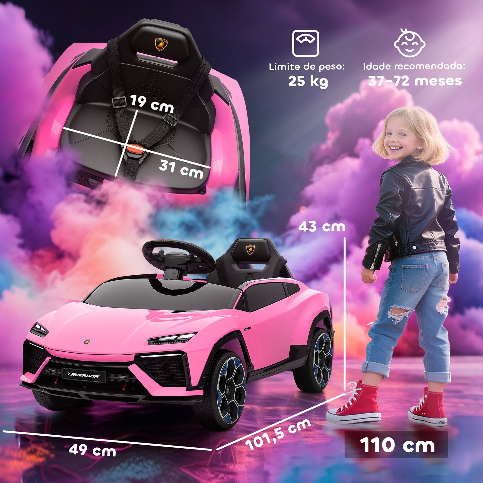 Carro elétrico para crianças 12v com motor duplo rodas com suspensão faróis música USB 101,5x49x43 cm rosa