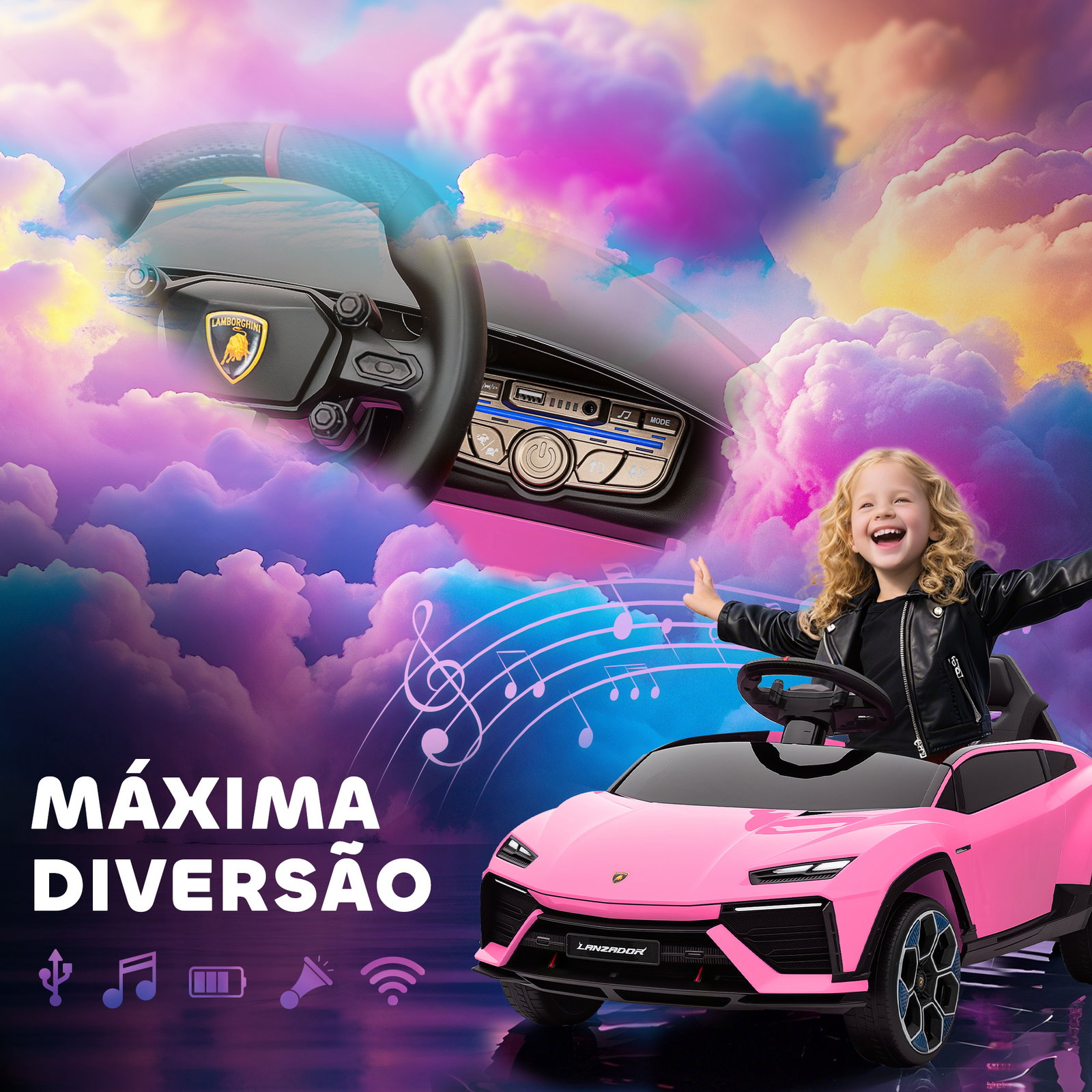Carro elétrico para crianças 12v com motor duplo rodas com suspensão faróis música USB 101,5x49x43 cm rosa