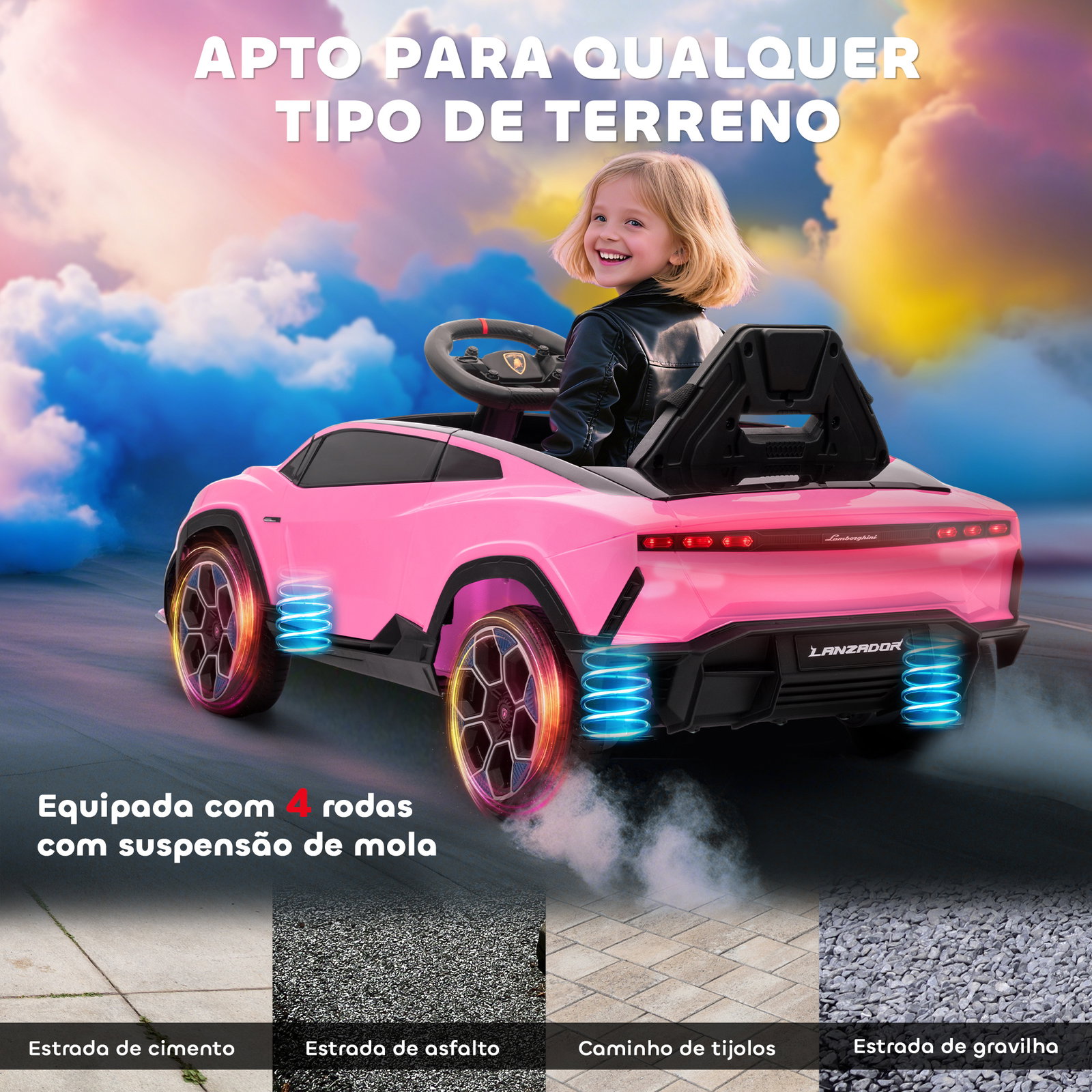 Carro elétrico para crianças 12v com motor duplo rodas com suspensão faróis música USB 101,5x49x43 cm rosa