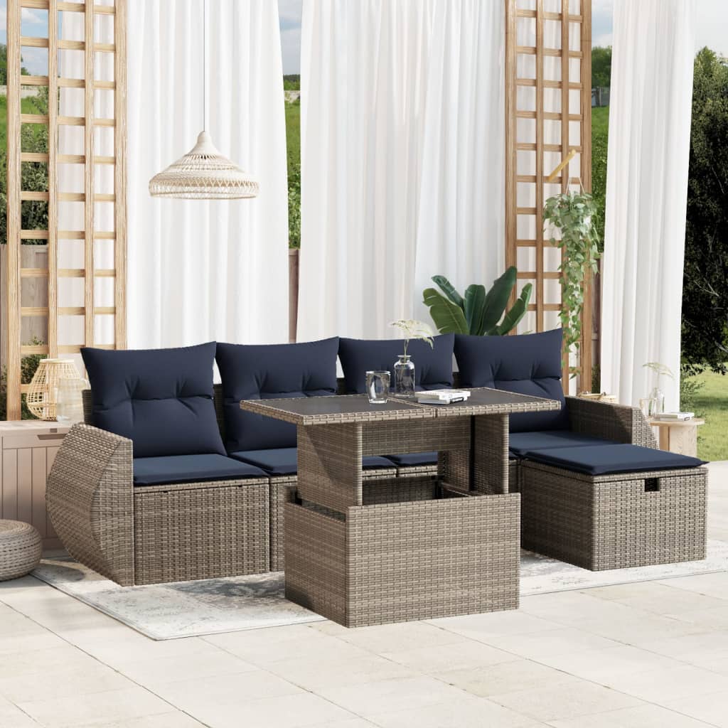 Conjunto de sofá de jardim com 6 peças e almofadas em rattan sintético cinza