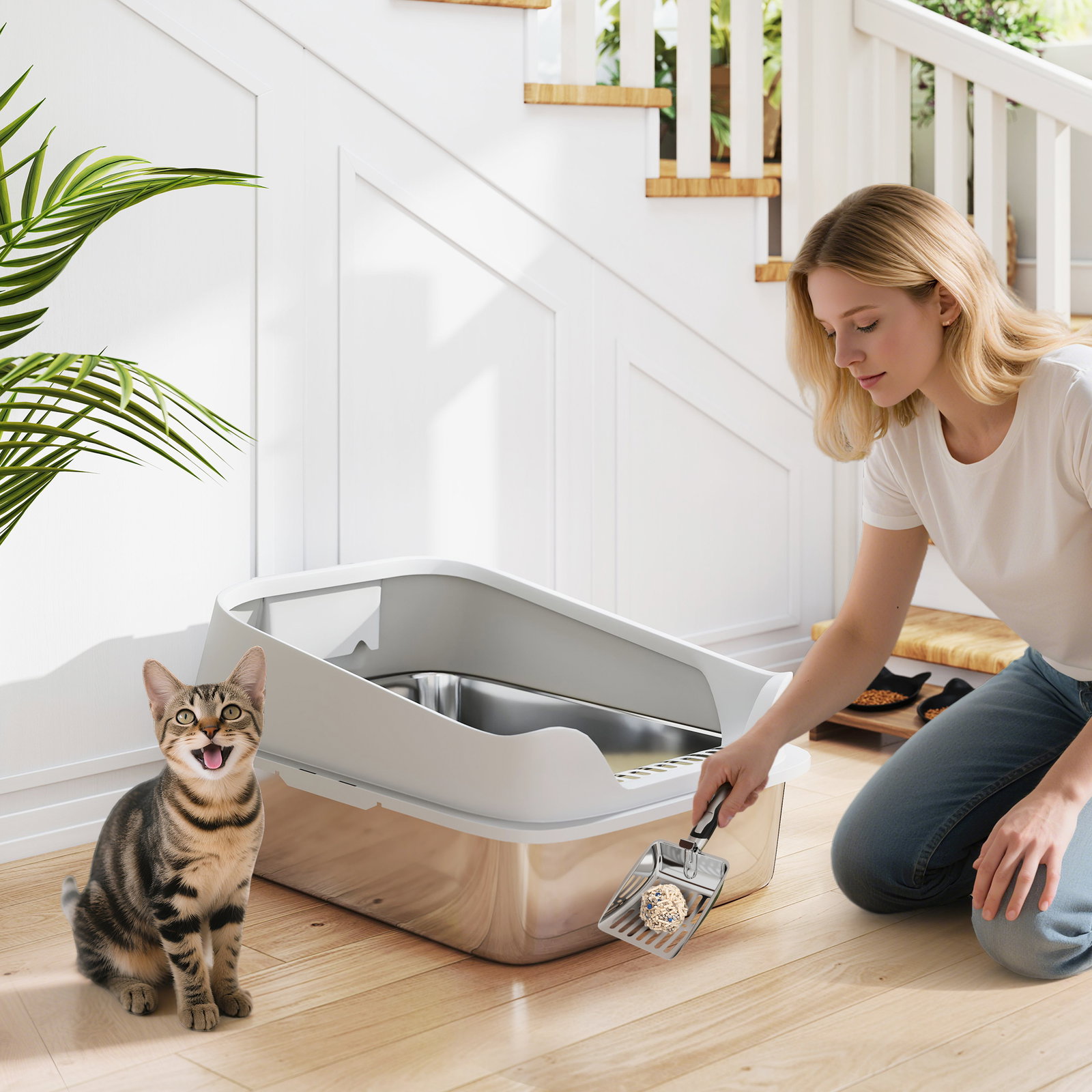 Caixa de areia xl para gatos em aço inoxidável com bordas altas pá fácil de limpar antifugas 60,2x40,2x29,7 cm cinza