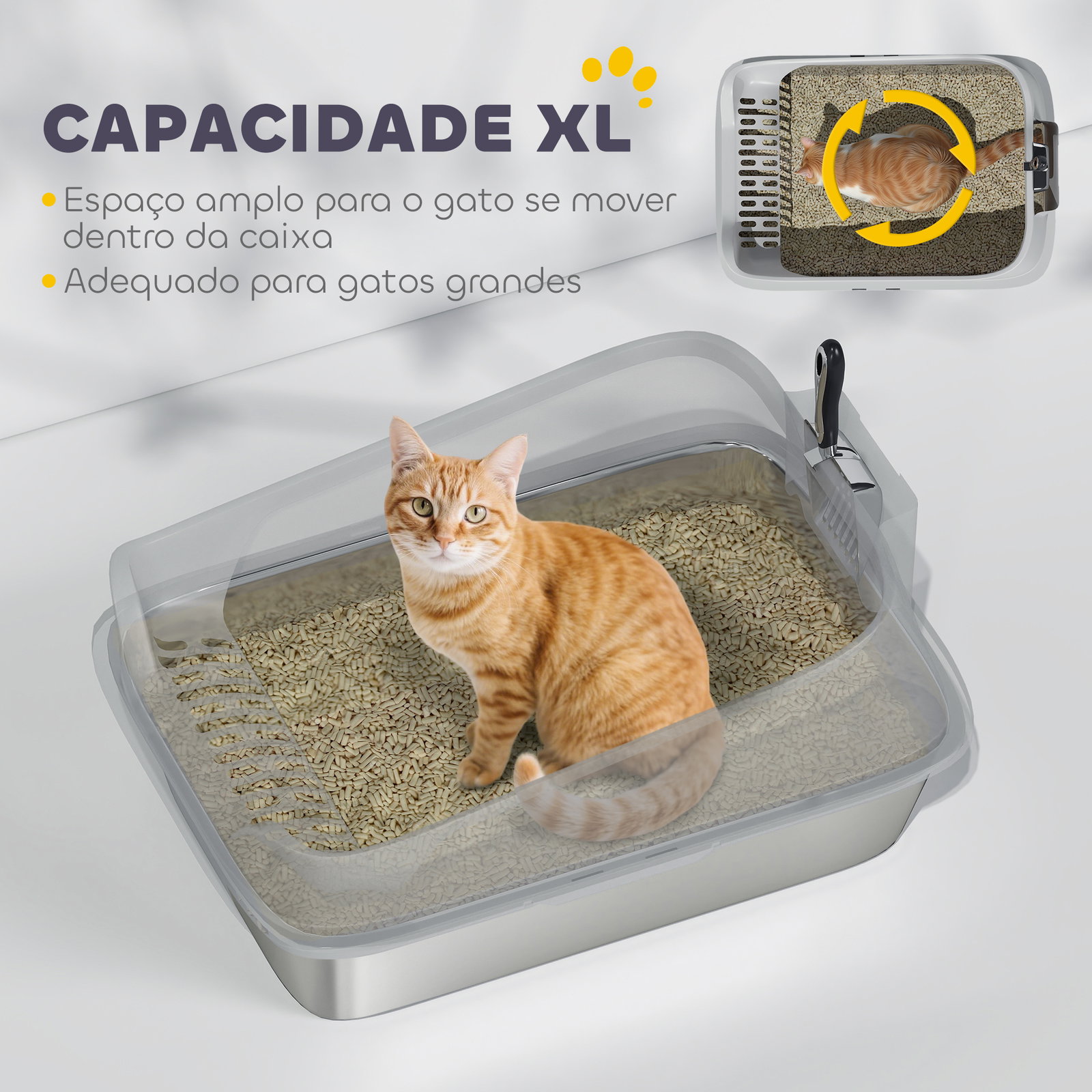 Caixa de areia xl para gatos em aço inoxidável com bordas altas pá fácil de limpar antifugas 60,2x40,2x29,7 cm cinza