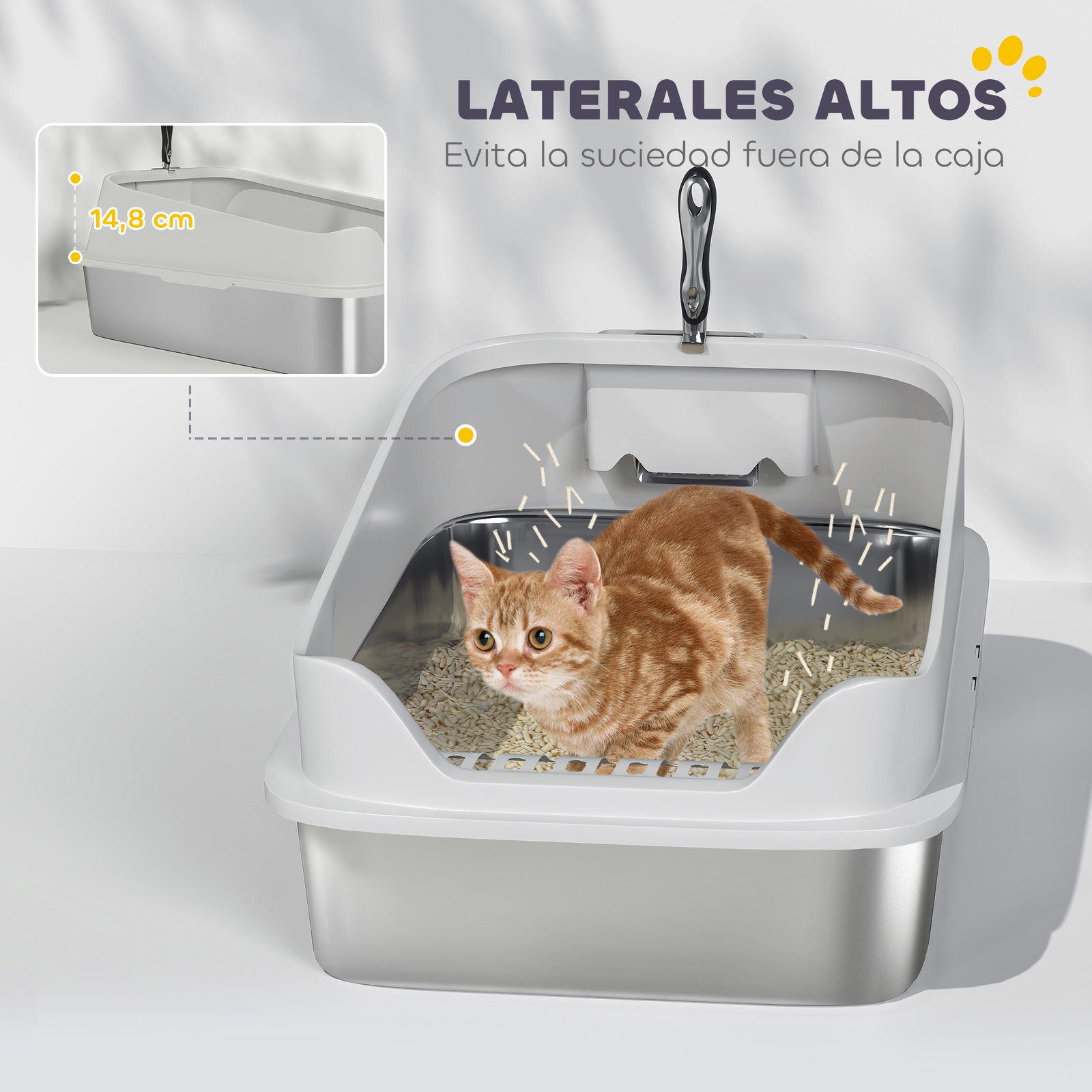 Caixa de areia xl para gatos em aço inoxidável com bordas altas pá fácil de limpar antifugas 60,2x40,2x29,7 cm cinza