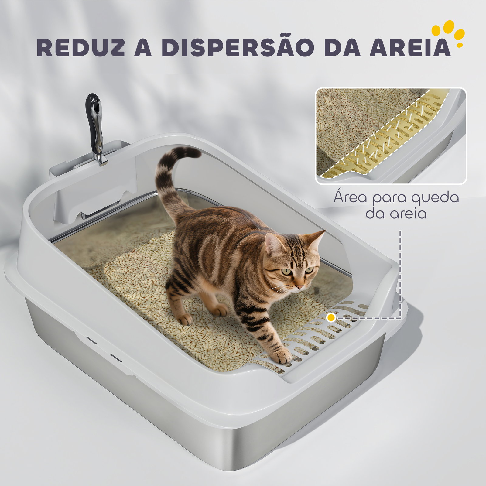 Caixa de areia xl para gatos em aço inoxidável com bordas altas pá fácil de limpar antifugas 60,2x40,2x29,7 cm cinza