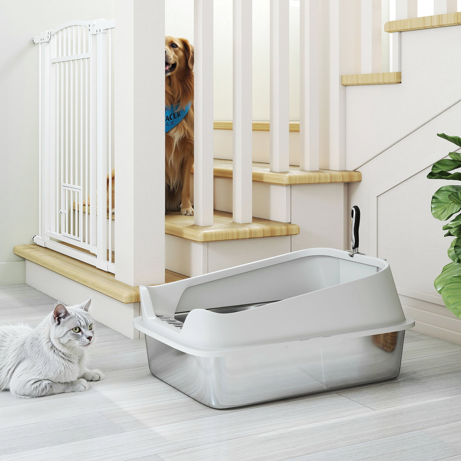 Caixa de areia xl para gatos em aço inoxidável com bordas altas pá fácil de limpar antifugas 60,2x40,2x29,7 cm cinza