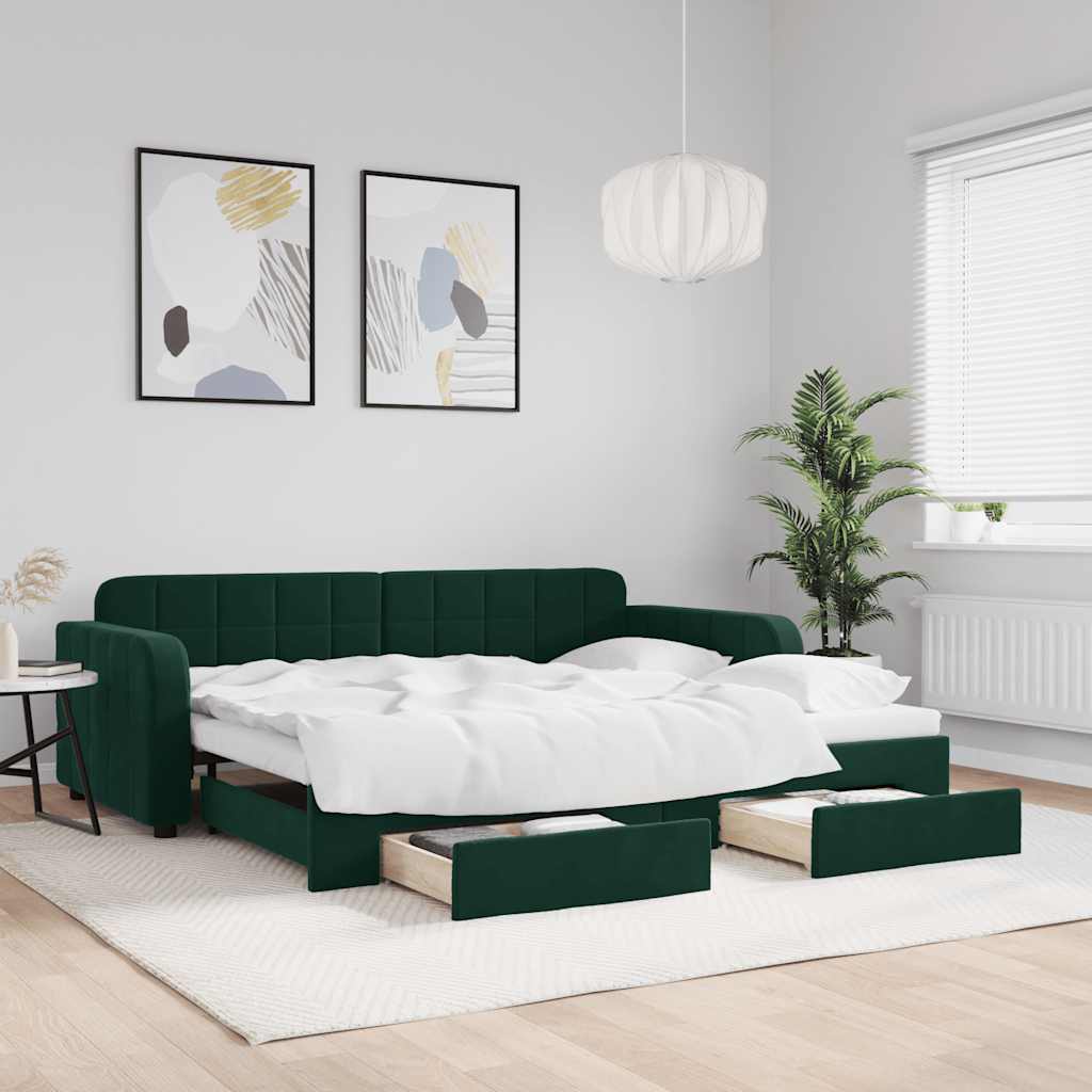 Sofá-cama c/ gavetão e gavetas 90x200 cm veludo verde-escuro