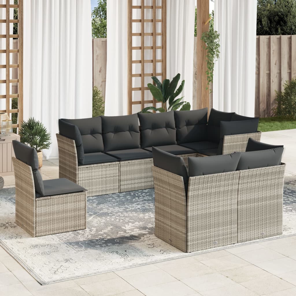 8 Pcs conj. sofás jardim c/ almofadões vime PE cinzento-claro