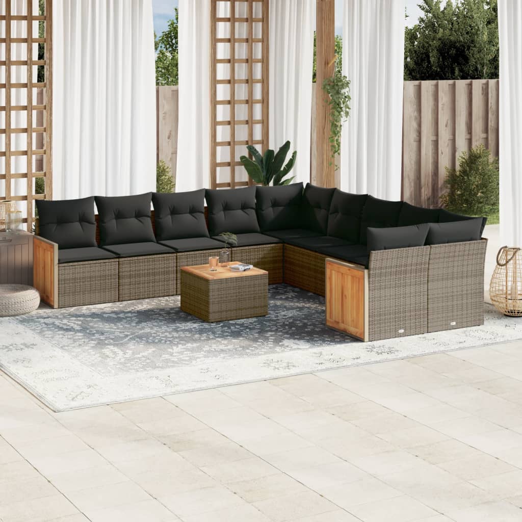 11 Pcs conjunto sofás de jardim c/ almofadões vime PE cinzento