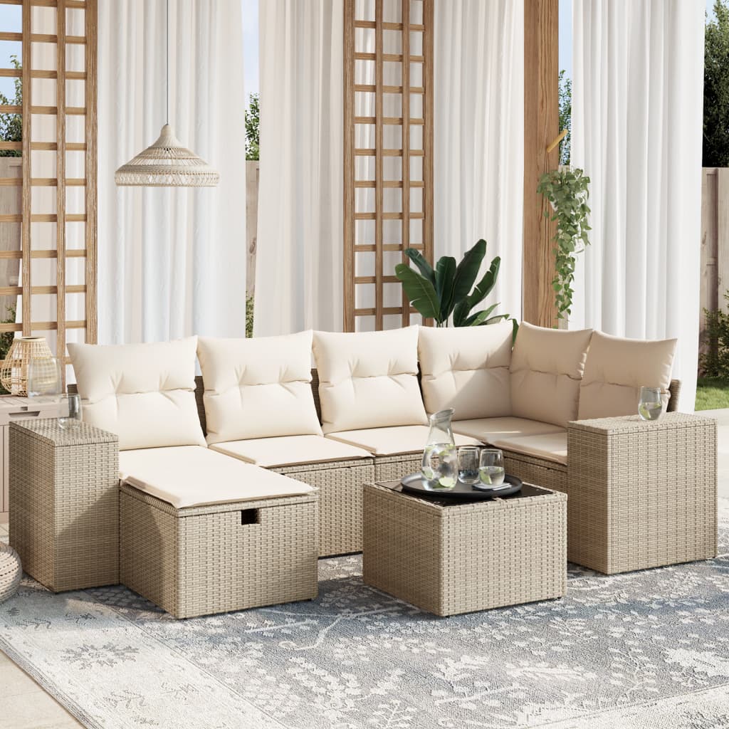 7 Pcs conjunto de sofás p/ jardim com almofadões vime PE bege