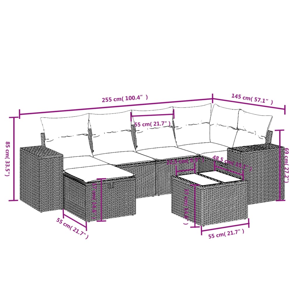 7 Pcs conjunto de sofás p/ jardim com almofadões vime PE bege