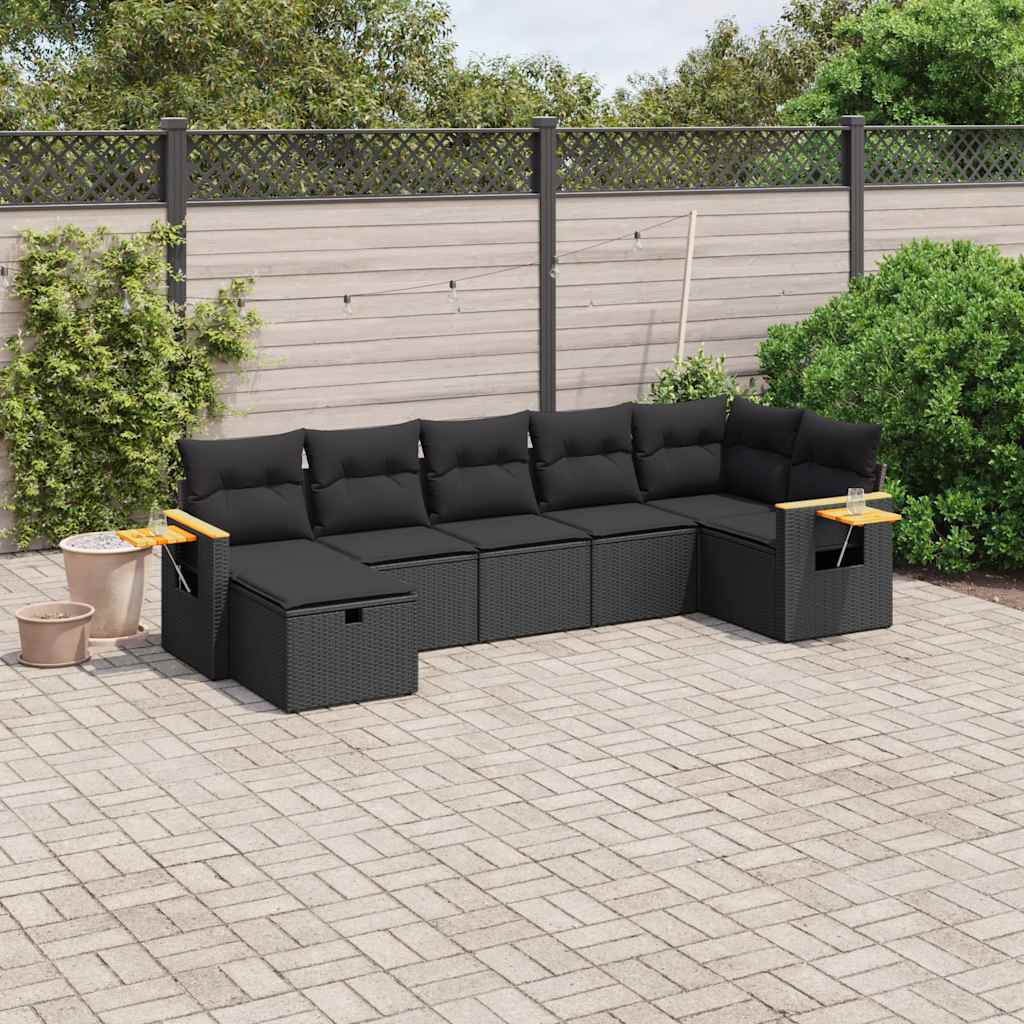 7 Pcs conjunto de sofás p/ jardim c/ almofadões vime PE preto