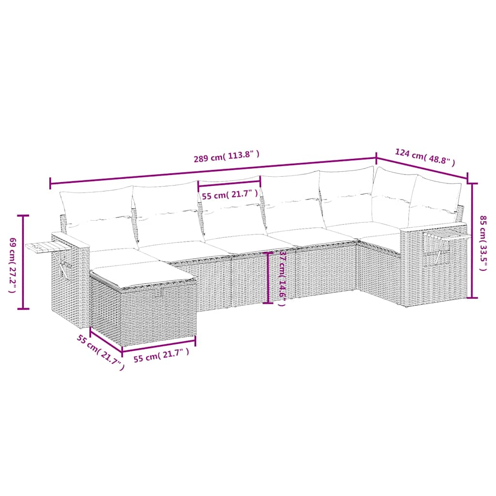 7 Pcs conjunto de sofás p/ jardim c/ almofadões vime PE preto