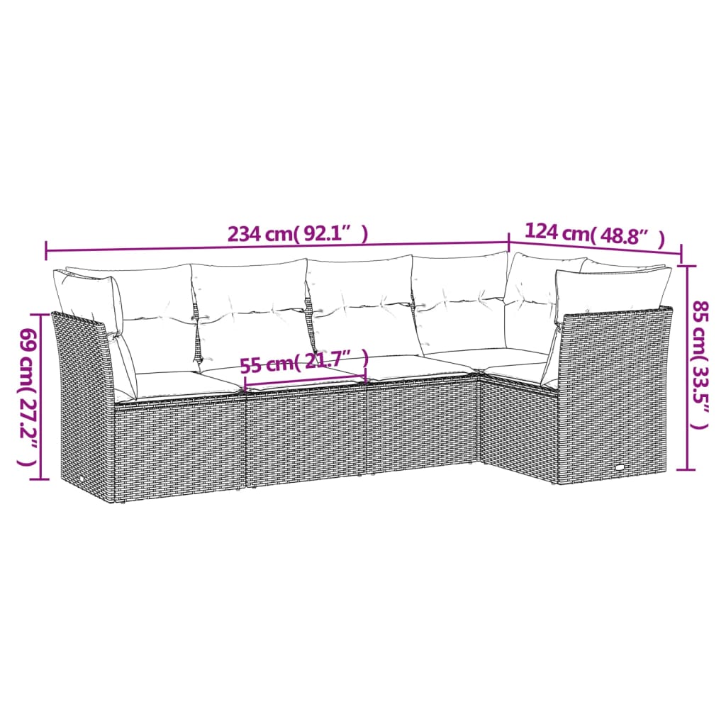 5 Pcs conjunto de sofás p/ jardim com almofadões vime PE bege