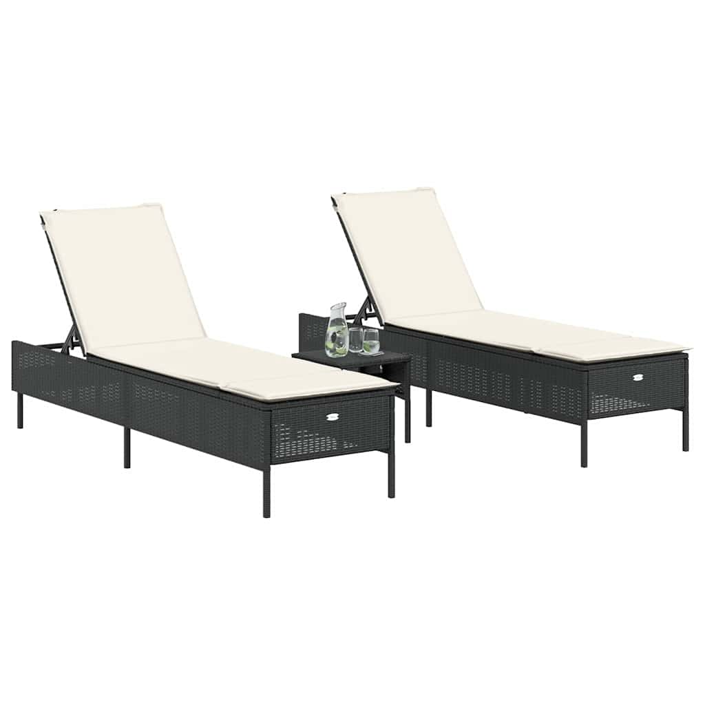 Conjunto de espreguiçadeiras com almofadão 3 pcs vime PE preto
