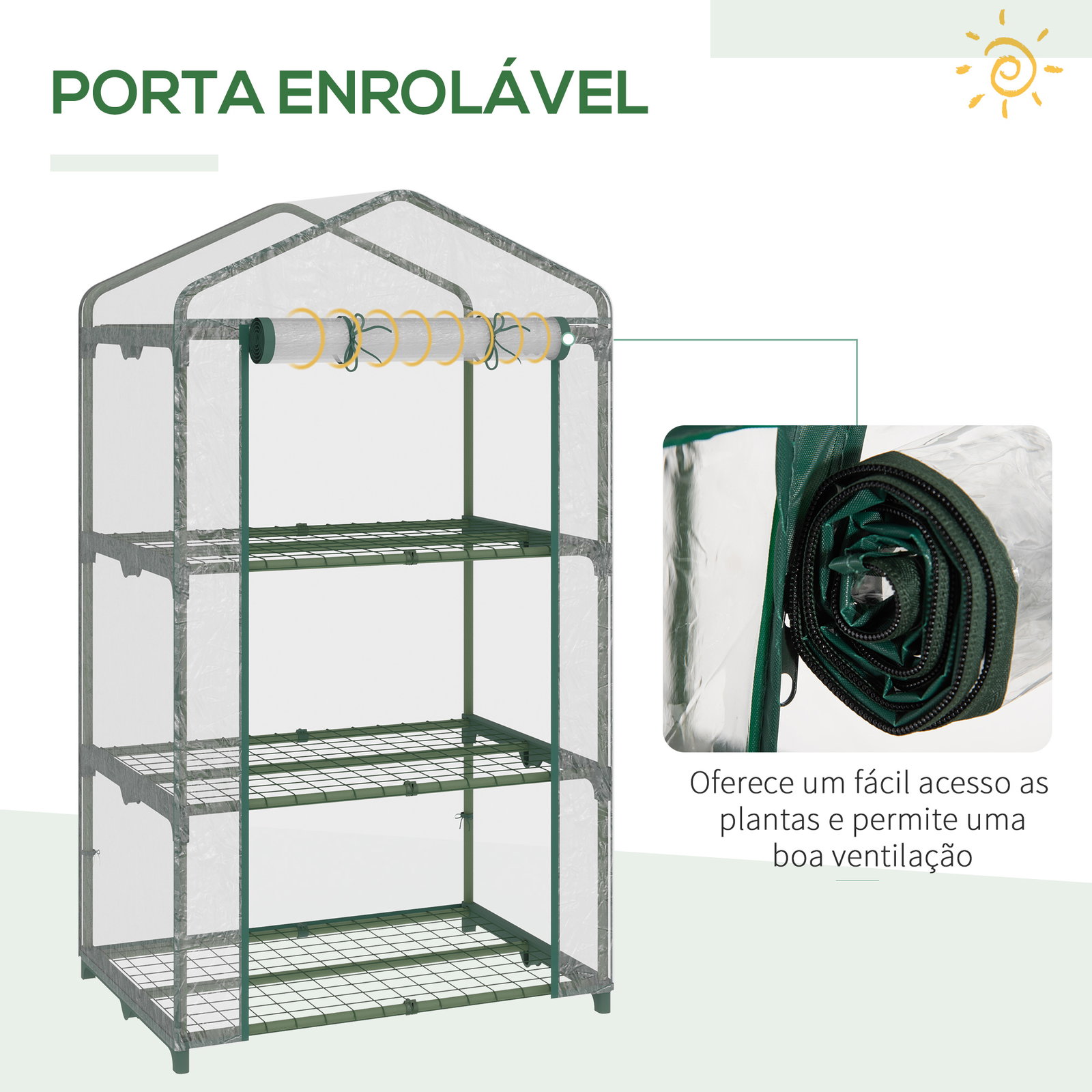 Estufa de Jardim com 3 Prateleiras Metálicas e Porta Enrolável Estufa de Varanda Exterior para Cultivo de Plantas Flores 69x49x1
