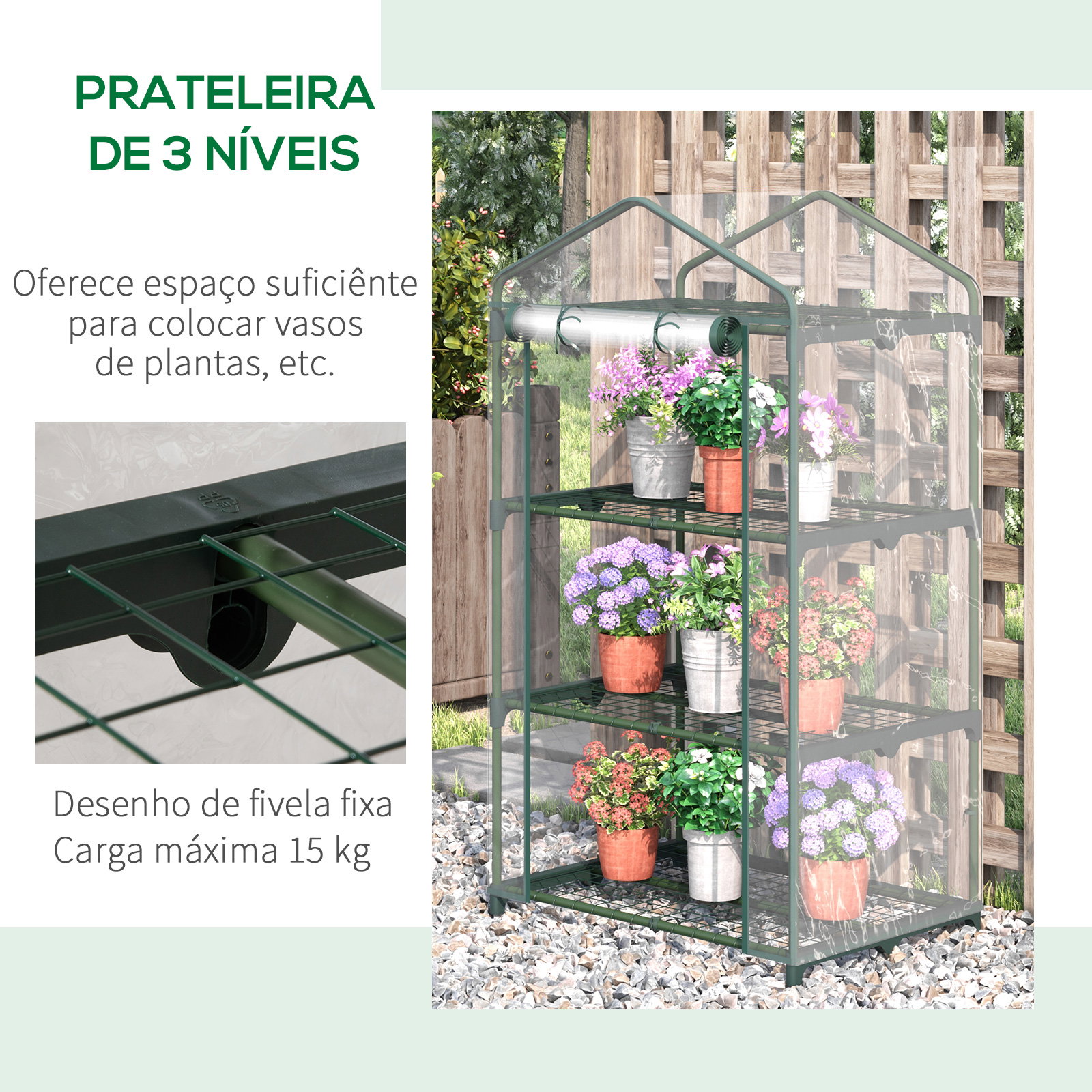 Estufa de Jardim com 3 Prateleiras Metálicas e Porta Enrolável Estufa de Varanda Exterior para Cultivo de Plantas Flores 69x49x1